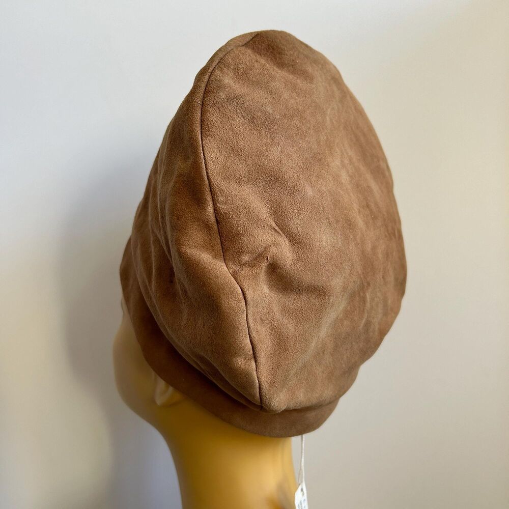 Vintage 60s Tan Suede Structured Tall Turban Style Hat By Elysees DEADSTOCK - Picture 6 of 8